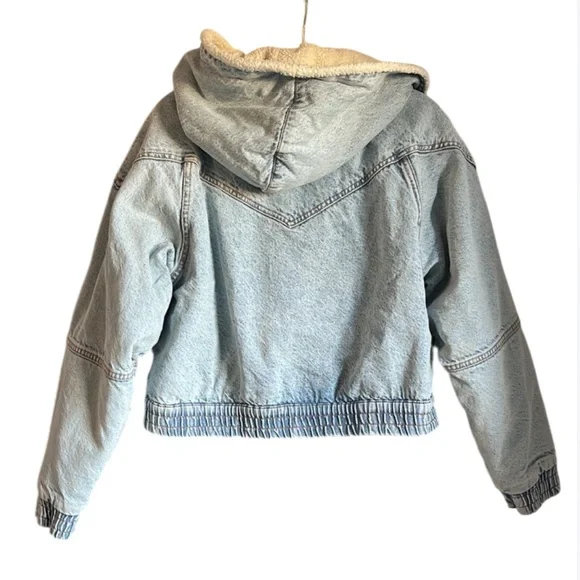 BDG Urban Outfitters Blake Denim Hooded Bomber Jacket Soft Sherpa Lining- Large - Picture 4 of 14